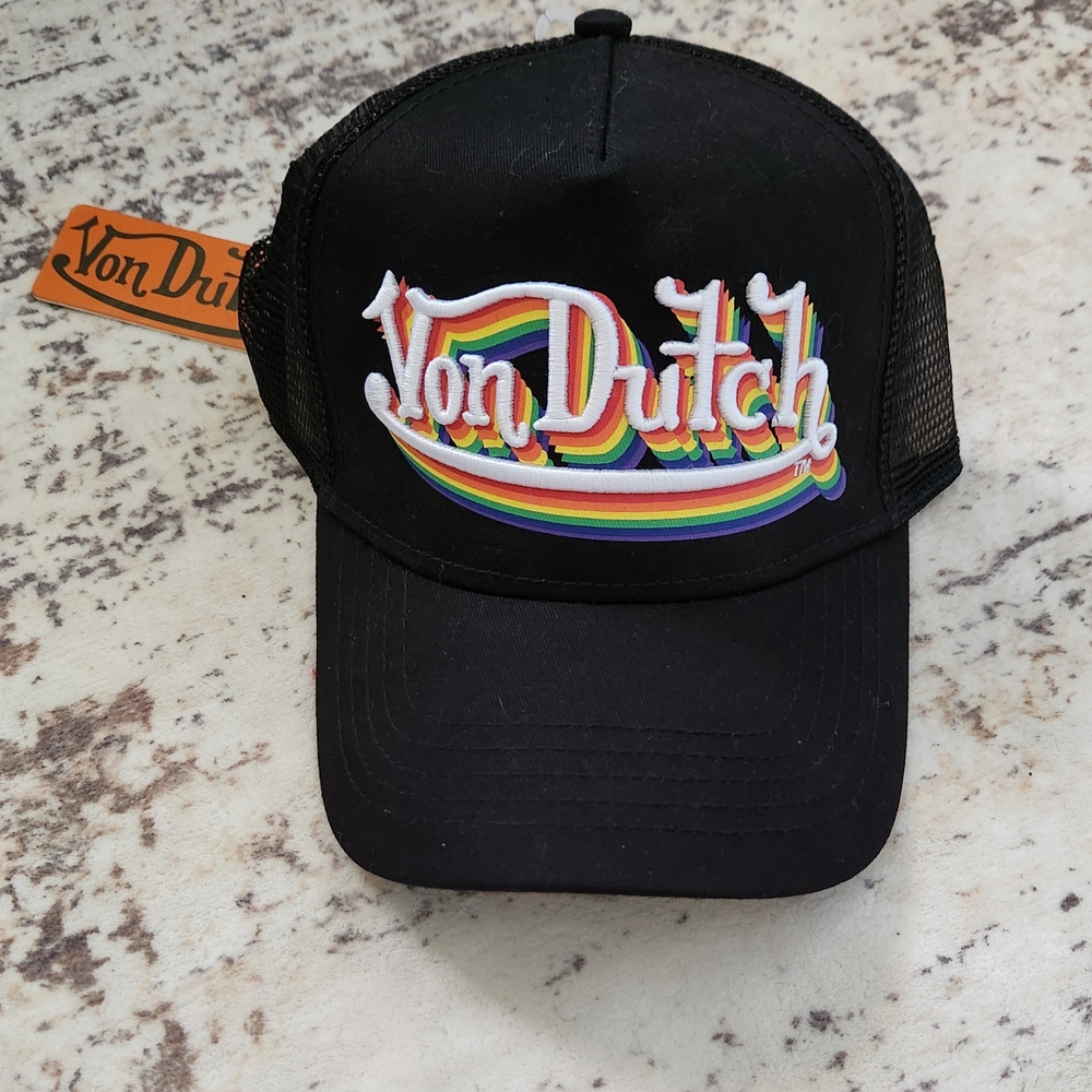 Von Dutch Black Trucker Hat with Rainbow Logo- LIMITED PRIDE EDITION
